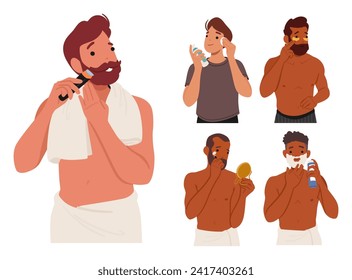 Man Beauty Routine Involves Cleansing, Shaving, Moisturizing, And Grooming Facial Hair. Character Simple Steps Enhance Skin Health And Maintain Polished Appearance. Cartoon People Vector Illustration