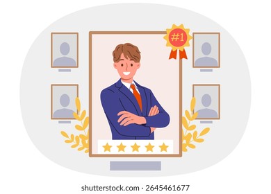 Man became best employee of month in corporation thanks to hard work and professional achievements. Portrait of best employee who distinguished himself in completing assigned task.