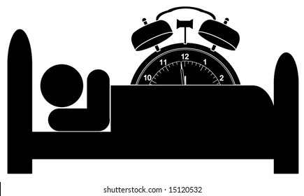 man in bed with alarm clock ticking over top of him