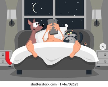 A man in bed with a cat and a dog watching a movie on a tablet