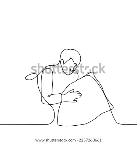 man in bed going to bed adjusting his pillow - one line drawing vector. concept morning wake up or bedtime, flip the pillow to the other side