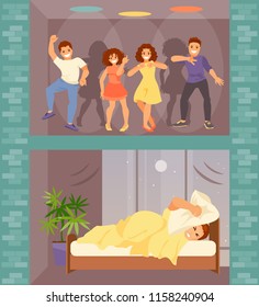 Man In Bed With Insomnia. Noisy Neighbors From Above Arranged A Party. Vector Illustration