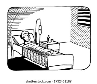 Man In Bed With IV Drip In A Hospital Room With A Window. Sketch Ink Stroke Vector Illustration.