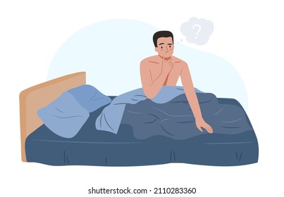 Hombre en la cama en la mañana pensando en algo. Ilustración vectorial plana tipo sonriente.