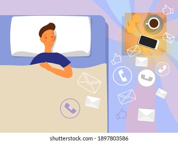 Man in bed with a phone. Modern life with a smartphone. Distract from sleep. Annoying notifications. Cartoon style