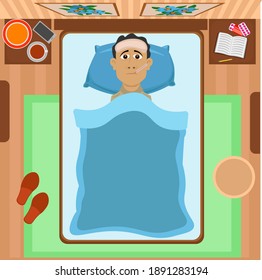 Man In Bed Sick, Top View. Vector Illustration On The Topic Of Medicine And Treatment.