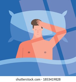 man in bed suffering from insomnia character vector illustration design