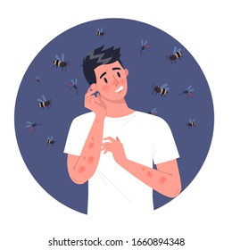 Hombre con alergia a las abejas. Piel roja y picante. Reacción alérgica a la picadura de abejas. Hipersensibilidad a las avispas, los avispones y las abejas picadas. Ilustración vectorial aislada en estilo caricaturista