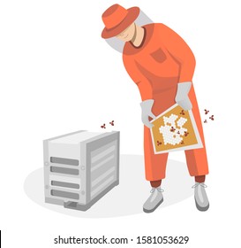 Man beekeeper in apiarian Costume holding honeycombs. Beemaster breed bees with modern hive. Image for beekeeping and honey production. Stock vector flat illustration isolated on white background