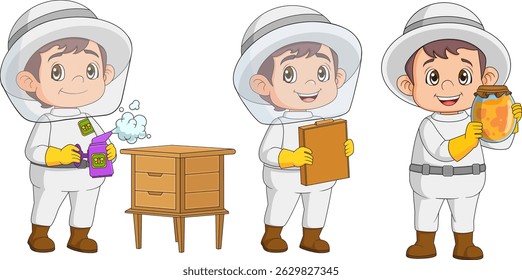 Man Beekeeper Harvest Honey from Bees Vector Set of illustration