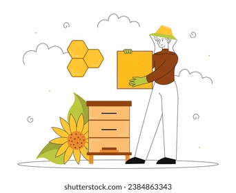 Man beekeeper with honey line. Young guy at apiary with honeycomb. Dessert and delicacy. Natural and organic product. Summer and spring season. Linear flat vector illustration