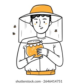 Man beekeeper with jar of honey with bees. Isolated vector illustration in doodle style.
