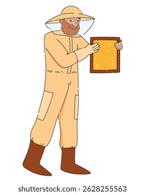 Man beekeeper in protective suit holding wooden beehive frame with honeycombs, cartoon flat vector illustration on white background