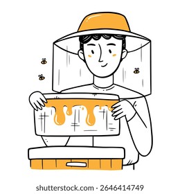 Man beekeeper takes out a honeycomb from a hive with bees. Isolated vector illustration in doodle style.