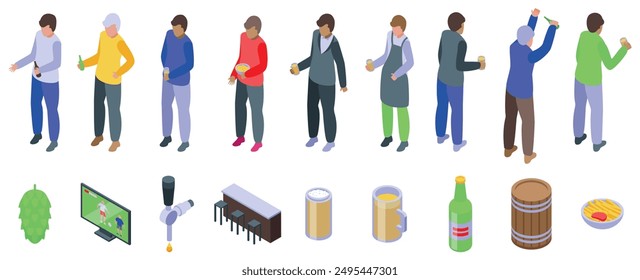 Man beer bar icons set. Set of isometric icons of people drinking beer, watching football match and eating snacks at the bar