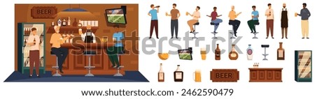 Man beer bar vector. A cartoon image of a bar with a sign that says "Beer". There are several people sitting at the bar, some of them drinking beer. The bar has a TV and a refrigerator