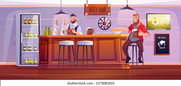 Man in beer bar. Visitor at pub and sit on high stool at wooden desk with barman pouring a drink in a cup, bottles in fridge, menu board, darts and tv with football match on wall Cartoon vector illustration.