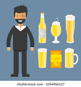 Man with beer bottle, mugs and glasses. Vector icon with alcoholic beverages. Wheat beer, lager, craft beer, ale.