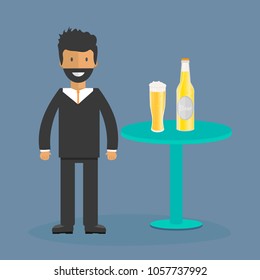 Man with beer bottle, mugs and glasses. Vector icon with alcoholic beverages. Wheat beer, lager, craft beer, ale.