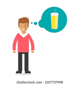 Man with beer bottle, mugs and glasses. Vector icon with alcoholic beverages. Wheat beer, lager, craft beer, ale.