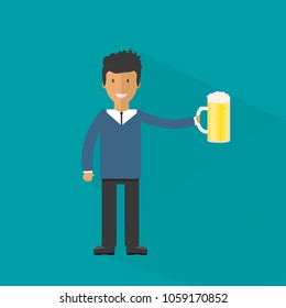 Man with beer bottle, mugs and glasses. Vector icon with alcoholic beverages. Wheat beer, lager, craft beer, ale.