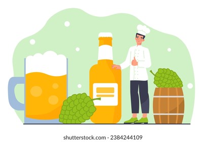 Hombre con concepto de cerveza. Joven con vidrio y botella con bebida alcohólica. Productos de cervecería y lúpulo. Líquido y bebida sabrosa. Afiche o cartel para el sitio web. Dibujo vectorial plano de dibujos animados