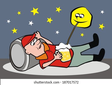 man and beer, funny vector illustration, joke