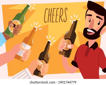 man with a beer glass and cheering hands with bottles vector illustration