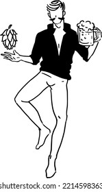 Man with beer and hop cone. Simple line drawing vector illustration.