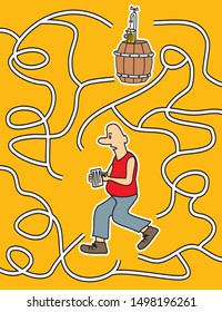 Man and beer, labyrinth, board game, vector illustration. Man looking for the right way to the bar.