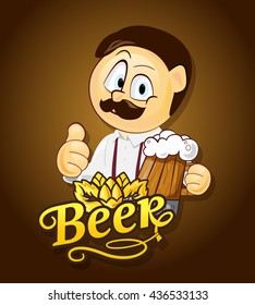 Man with beer mug. Cartoon vector illustration