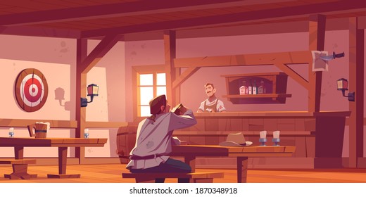 Man in beer pub, retro tavern or antique bar interior with barista stand at desk, benches and tables, wooden barrel, shelf with bottles, lantern and darts, old style saloon Cartoon vector illustration