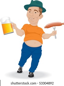 The man with beer and sausage. Isolated on white.