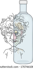 Man Before And After A Fun Party, Sober And Drunk, A Slightly Smiling Normal Face And A Sad, Unkempt And Battered Face With Bruise Of A Toper On The Background Of A Bottle, Vector Cartoon Illustration