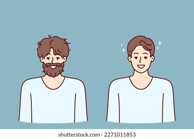 Man before and after going to barbershop to professional stylist for hair and beard care. Man smiles demonstrating result of visiting barbershop and using high-quality or shaving foam