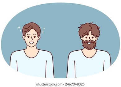 Man before and after going to barbershop to professional stylist for hair and beard care. Man smiles demonstrating result of visiting barbershop and using high-quality or shaving foam