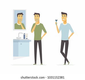 Man before and after shaving - cartoon people character isolated illustration on white background. An image of a smiling handsome person standing in front of the mirror, happy with his razor