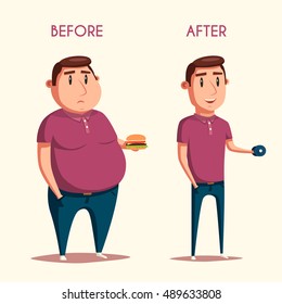 Man Before And After Sports. Cartoon Vector Illustration. Diet And Sport. Fat And Strong Character. Fitness. Sporty And Ugly People.