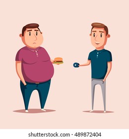 Man before and after sports. Cartoon vector illustration. Diet and sport. Fat and strong character. Fitness. Sporty and ugly people.
