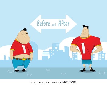 Man before and after training. Workout and healthy lifestyle concept illustration. Vector