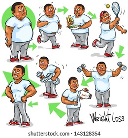 Man before and after weight loss program and training. Hand drawn funny cartoon characters, sketch, isolated