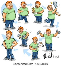 Man before and after weight loss program and training. Hand drawn funny cartoon characters, sketch, isolated