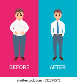 Man before and after weight loss on red and blue background. Perfect body symbol. Successful diet and fitness concept. Ideal for gyms, health and sport magazines. Vector illustration.
