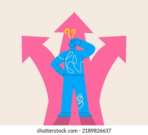 Man before choosing. Crossroads arrows. Decide direction. Choice way concept. Colorful vector illustration