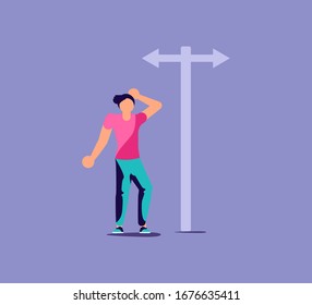 Man before choosing of way and deciding direction metaphor. Blank Sign Post and guy with Dilemma. Isolated on purple. Flat Art Vector Illustration