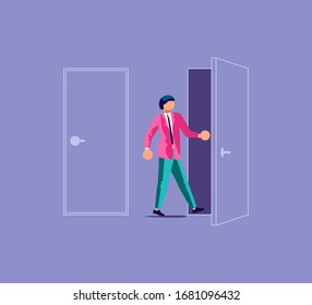 Man before choosing of way and deciding direction metaphor. Two doors and guy with Dilemma.