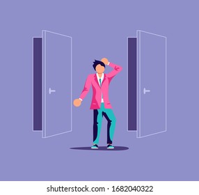 Man before choosing of way and deciding direction metaphor. Two doors and guy with Dilemma.