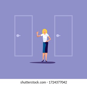 Man before choosing of way and deciding direction metaphor. Two doors and woman with Dilemma. Isolated on purple. Flat Art Vector Illustration