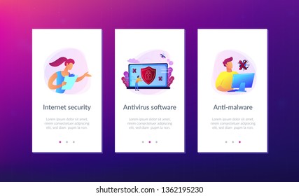 A man before laptop with shield and lock on the screen. Anti virus software, anti-malware, spyware, trojan, adware as internet security concept. Violet palette.App interface template.
