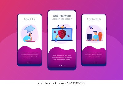A man before laptop with shield and lock on the screen. Anti virus software, anti-malware, spyware, trojan, adware as internet security concept. Violet palette.App interface template.